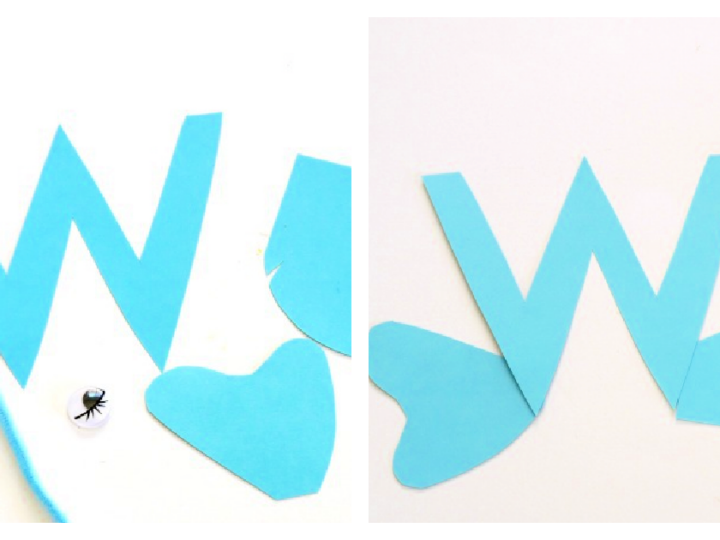 Craft project showing the letter W in blue paper. Left: Unassembled pieces, including a cutout heart and googly eye. Right: Assembled to resemble a whale, with the googly eye, heart-shaped tail, and blue yarn for water spout.