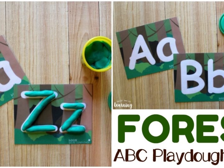 Two playdough mats labeled Aa and Bb with green playdough on a wooden surface. Theres a container of playdough nearby. Text reads Forest ABC Playdough Mats.