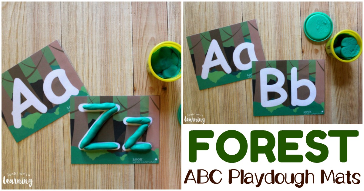 Two playdough mats labeled Aa and Bb with green playdough on a wooden surface. Theres a container of playdough nearby. Text reads Forest ABC Playdough Mats.