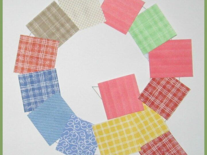 A circle made of colorful quilt squares with a variety of patterns on a white background. Text at the top reads Q is for Quilt and at the bottom A Letter of the Week Preschool Craft.