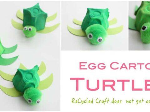 Three turtle crafts made from painted green egg cartons, green pom-poms, and googly eyes rest on green paper leaves. The text reads Egg Carton Turtles with a note about recycled crafts being cute.