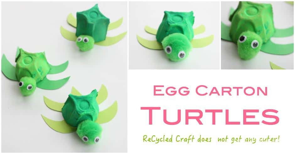 Three turtle crafts made from painted green egg cartons, green pom-poms, and googly eyes rest on green paper leaves. The text reads Egg Carton Turtles with a note about recycled crafts being cute.