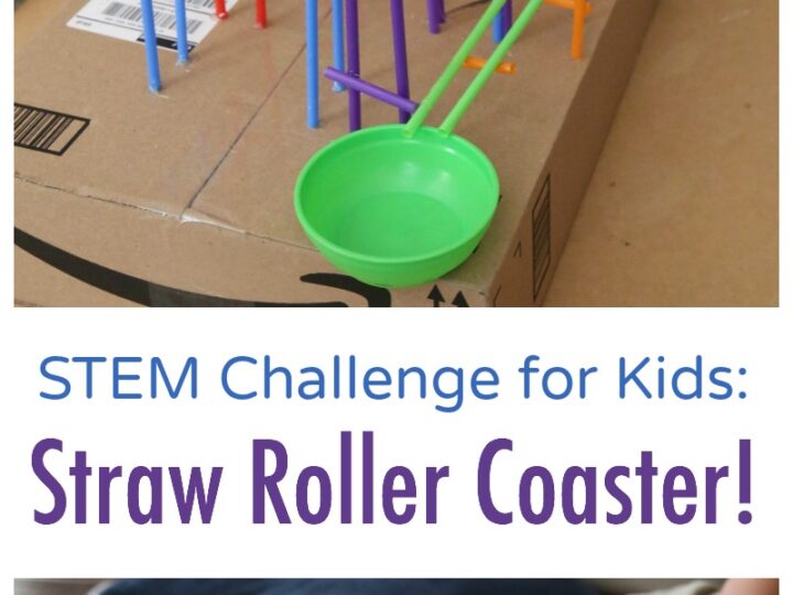 A child is sitting on the floor with a homemade roller coaster made of colorful straws and connectors on a cardboard box. A green bowl catches a rolling ball. Text reads: STEM Challenge for Kids: Straw Roller Coaster!.