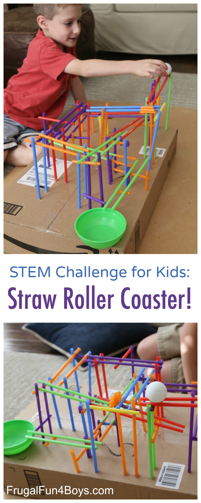 A child is sitting on the floor with a homemade roller coaster made of colorful straws and connectors on a cardboard box. A green bowl catches a rolling ball. Text reads: STEM Challenge for Kids: Straw Roller Coaster!.