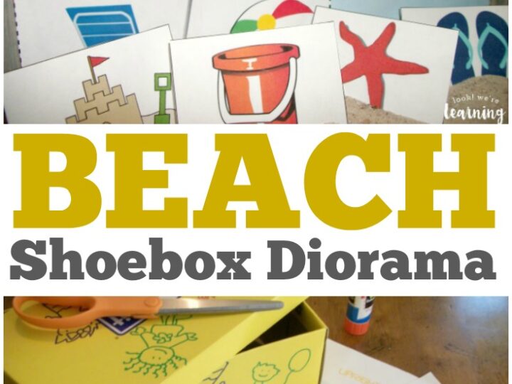 A collage shows beach-themed paper cutouts for a shoebox diorama, including a sun, umbrella, bucket, and beach scene. The text BEACH Shoebox Diorama is prominently displayed. Bright, colorful illustrations and templates are scattered on a table.