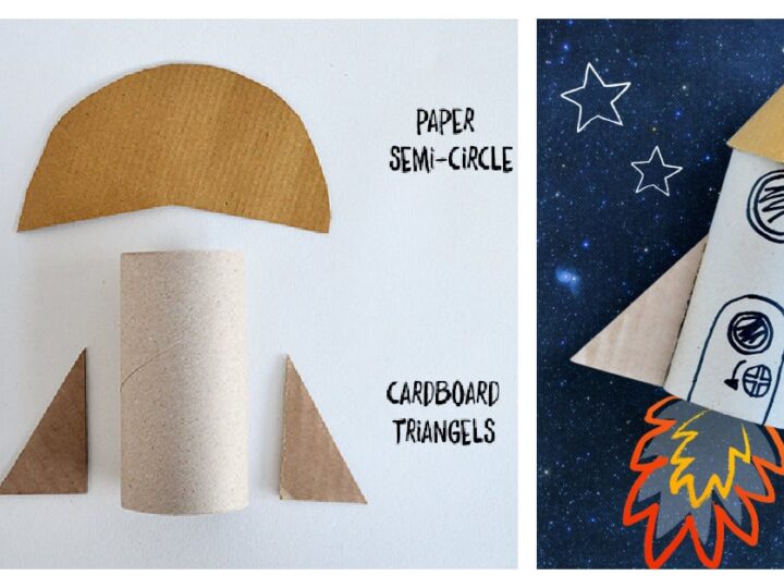 Craft tutorial showing materials for a cardboard rocket: a toilet paper tube, paper semi-circle, and cardboard triangles. Finished rocket is decorated with doodled windows and flames, set against a starry background.