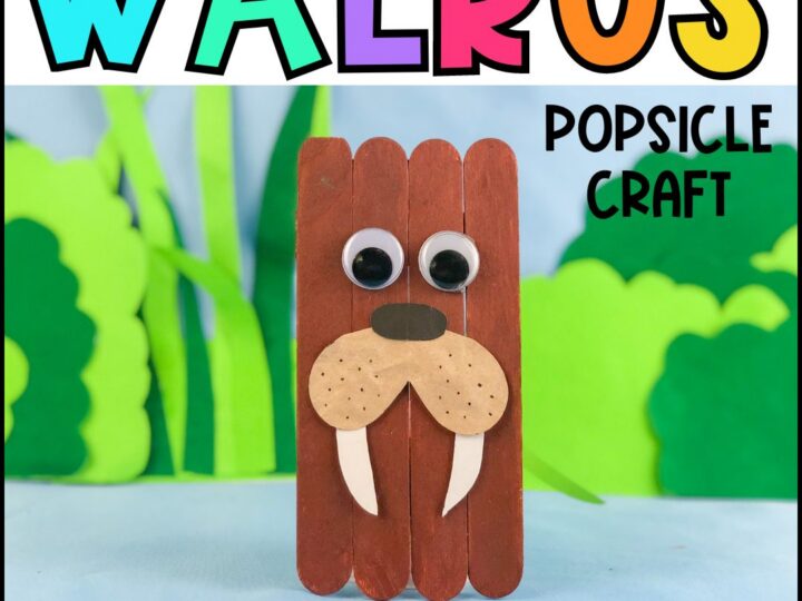 Colorful poster featuring a popsicle stick walrus craft with large googly eyes and white tusks. Text reads FUN ARCTIC ACTIVITIES for Preschoolers & Kindergarteners and Popsicle Craft. Background shows green and blue shapes resembling foliage and sky.