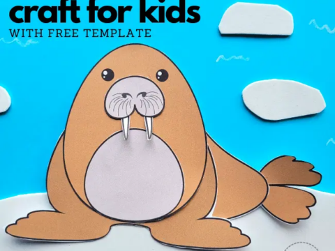 Illustration of a walrus craft for kids against a bright blue background with fluffy clouds. The walrus has tusks and flippers, sitting on a white surface. Text reads Easy walrus craft for kids with free template.