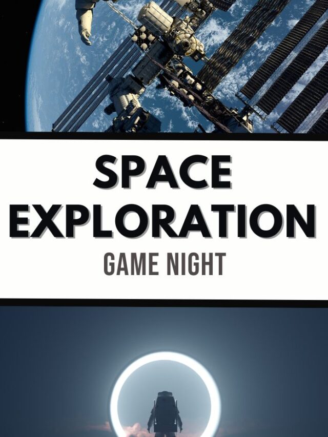 Poster for Space Exploration Game Night featuring the International Space Station gliding above Earth and a silhouetted astronaut framed against a glowing circle backdrop.
