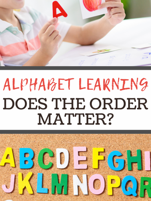 A child holds the letter A while engaging in alphabet learning. The text reads, Alphabet Learning Strategies: Does the order matter? Colorful wooden letters are displayed on a corkboard below.
