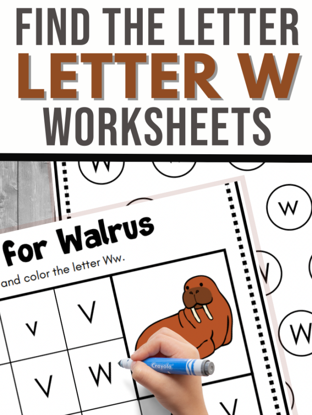The image displays a childrens worksheet titled Find the Letter W Worksheets with the theme W is for Walrus. It features a grid of letters, some highlighted in blue, and an illustration of a cheerful walrus. A hand uses a crayon to color the letter W.