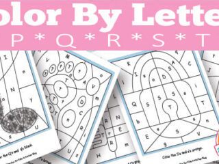 Color by letters activity sheets featuring letters P, Q, R, S, and T. Sheets display various shapes to color according to the letter shown. One sheet has a musical note design. Logo at the bottom right reads Kids Activities.