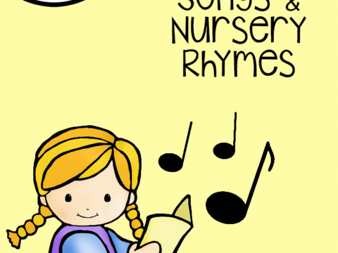 Illustration of a child with braided hair reading a book. Musical notes float nearby. The text reads FREE printable book, Letter Qq, and Songs & Nursery Rhymes. The background is yellow, and the image has a playful, educational theme.