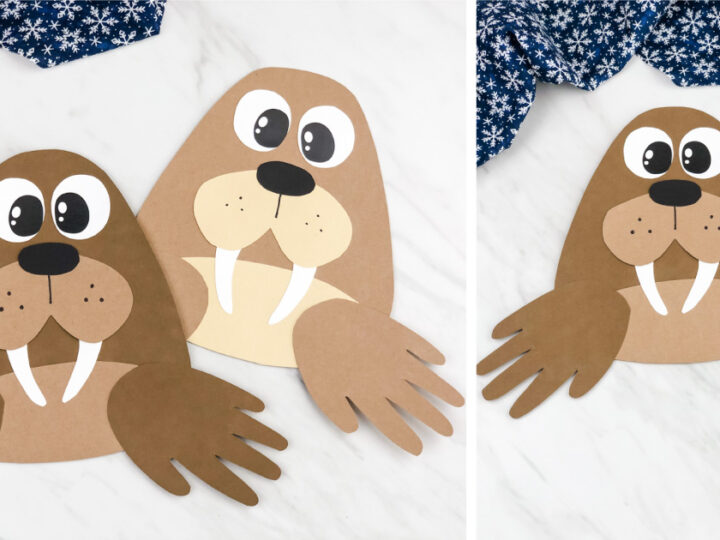 Two paper walruses made from brown paper, featuring large eyes, tusks, and oval-shaped bodies with handprint flippers. The background includes a blue and white patterned fabric. The walruses are placed on a light marble surface.