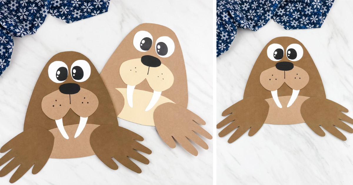Two paper walruses made from brown paper, featuring large eyes, tusks, and oval-shaped bodies with handprint flippers. The background includes a blue and white patterned fabric. The walruses are placed on a light marble surface.