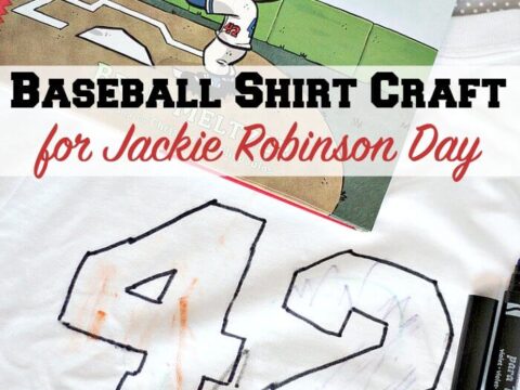 A childrens book with a cartoon baseball player on the cover is next to a T-shirt featuring the number 42 outlined for coloring. Text on the image reads: Baseball Shirt Craft for Jackie Robinson Day.