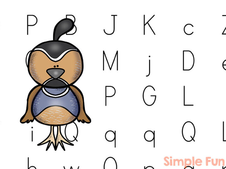 A cartoon owl perched among scattered capital and lowercase letters on a white background. The text Simple Fun for Kids is in the bottom right corner.