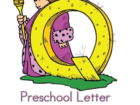 Illustration of a queen wearing a crown and holding a scepter, standing next to a large letter Q. Text below reads Preschool Letter Worksheets with options: Dot a Dot, Build a Letter, Tracing Pages.