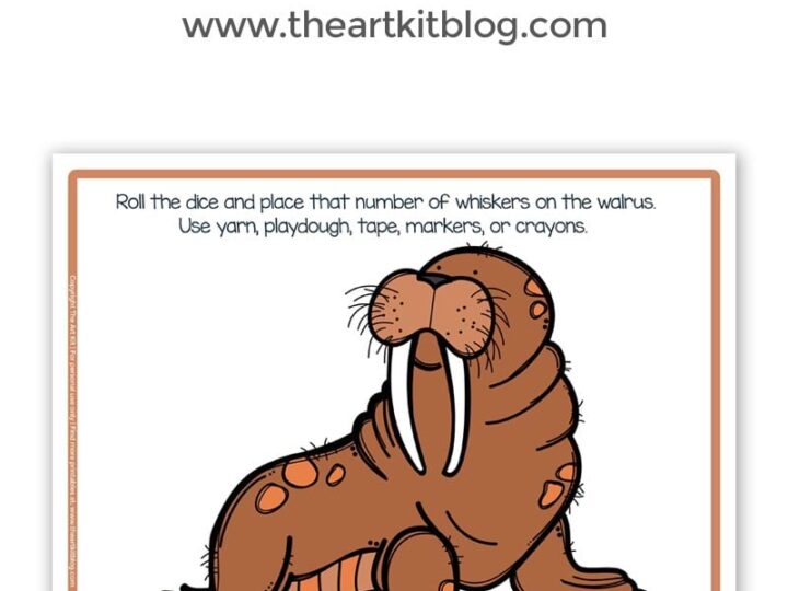 Illustration of a walrus with text instructions for a roll and count number practice activity. The text encourages using yarn, play dough, tape, markers, or crayons. Includes a website link and free printable label.