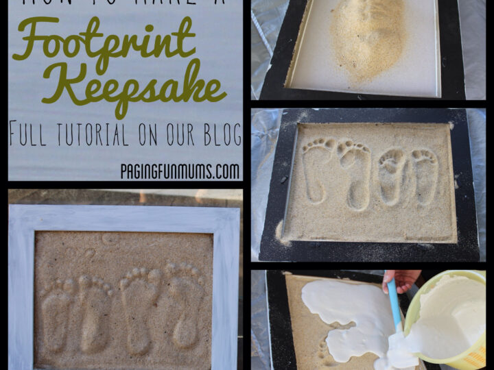 Collage showing the steps to create a footprint keepsake: 1) Sand in a frame, 2) Footprints in the sand, 3) Pouring plaster over the footprints, 4) Finished footprint keepsake. Text reads: How to Make a Footprint Keepsake. Full tutorial on our blog.