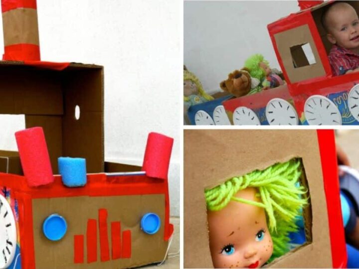 Three images of a homemade train made from cardboard boxes and red tape. Left: a full view of the train. Top right: a child sitting inside, smiling. Bottom right: a doll inside the train. The train has painted dials and pool noodles for decor.