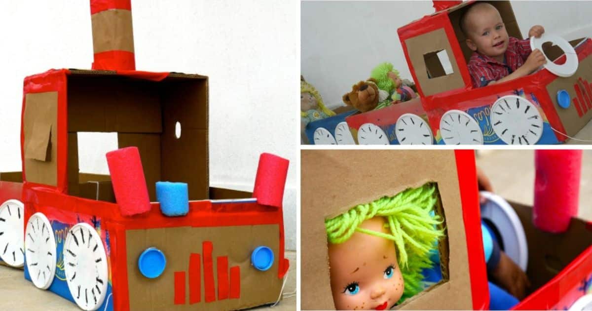 Three images of a homemade train made from cardboard boxes and red tape. Left: a full view of the train. Top right: a child sitting inside, smiling. Bottom right: a doll inside the train. The train has painted dials and pool noodles for decor.