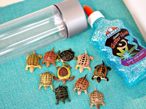 A clear bottle lies next to a bottle of blue glitter glue and an assortment of small toy turtles on a turquoise surface.