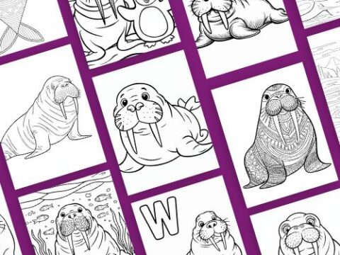 A collage of black and white walrus illustrations framed by purple lines. The images show different cartoon-style walruses and include one penguin and an outline of the letter W.