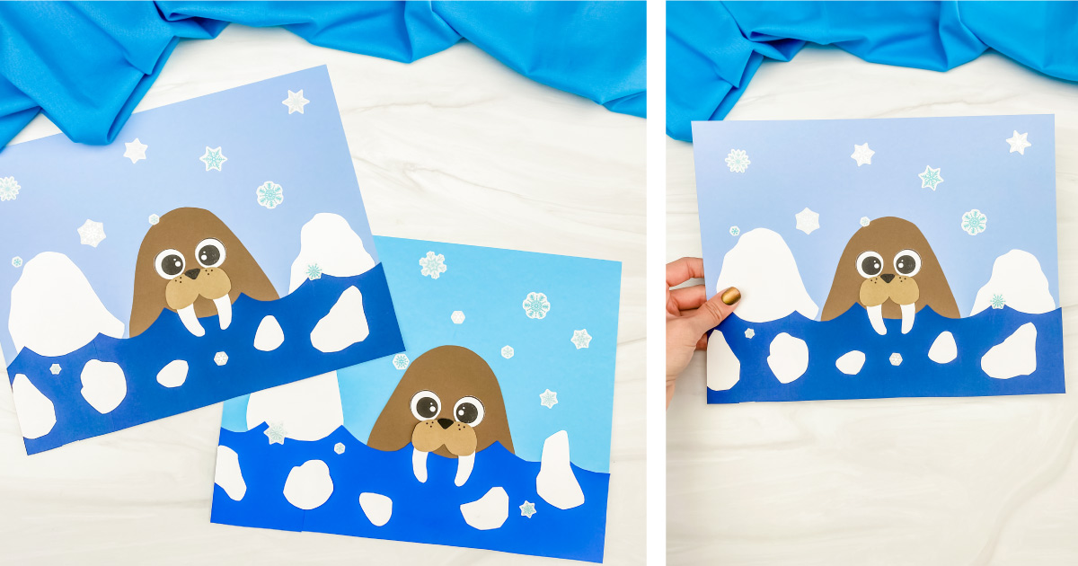 Two handmade craft images of walruses in icy water, using blue, white, and brown paper. Each walrus has googly eyes and tusks, surrounded by paper snowflakes. A hand holds one of the crafts against a white surface.