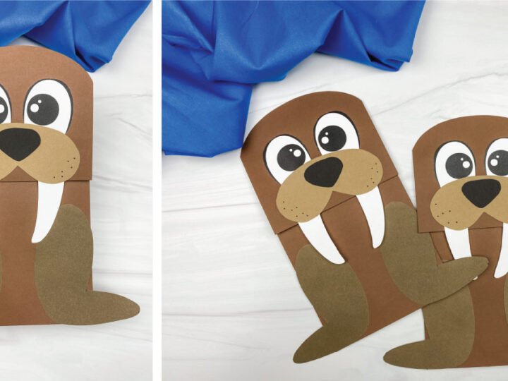 Two images of paper walrus crafts on a white surface. The left image shows a hand holding one walrus, and the right image displays two walruses side by side. They have big eyes, tusks, and are made with brown and tan paper. A blue fabric is in the background.