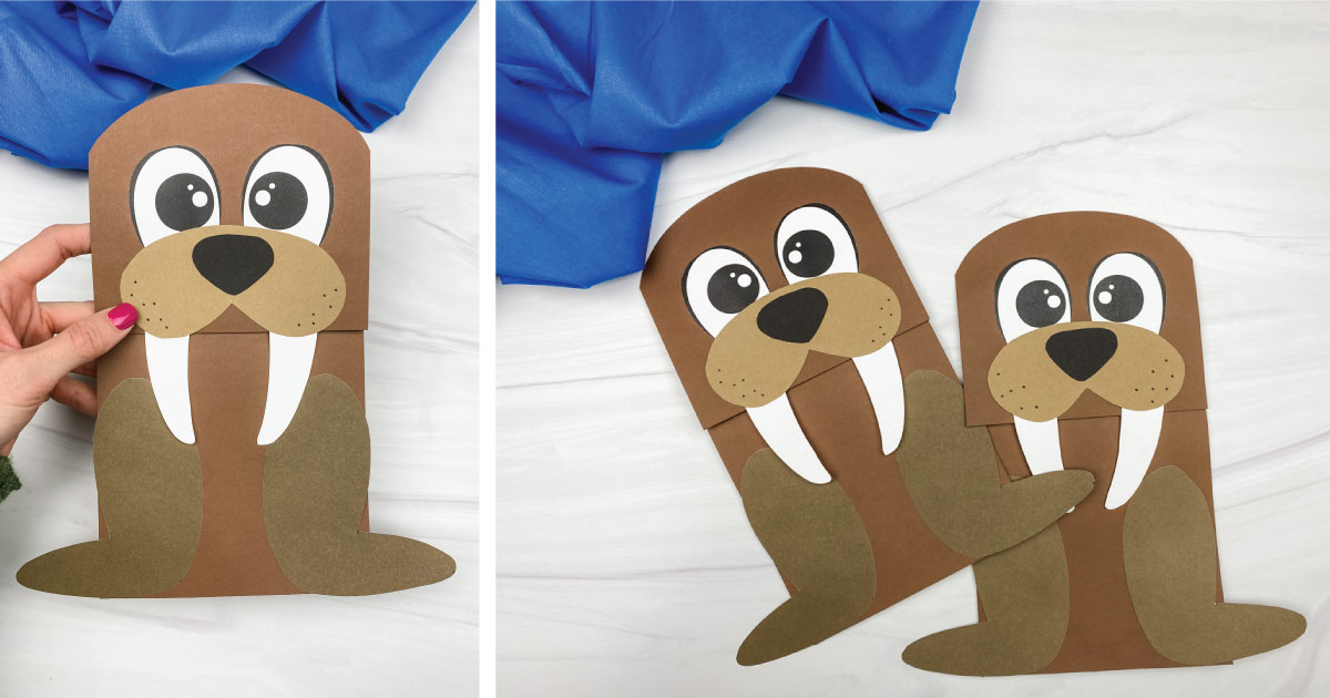 Two images of paper walrus crafts on a white surface. The left image shows a hand holding one walrus, and the right image displays two walruses side by side. They have big eyes, tusks, and are made with brown and tan paper. A blue fabric is in the background.