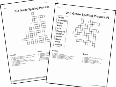 Two worksheets titled 2nd Grade Spelling Practice with crossword puzzles. One features a word list including beach, knots, and wrench. The puzzles include clues for words like bouquets and sword.