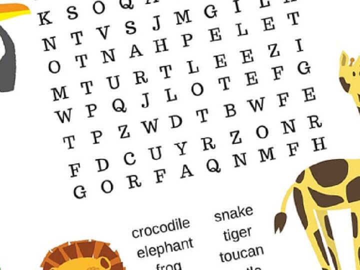 A word search puzzle with a list of animal names including crocodile, elephant, frog, giraffe, lion, snake, tiger, and toucan. Illustrated animals, such as a giraffe and toucan, are depicted on the page.