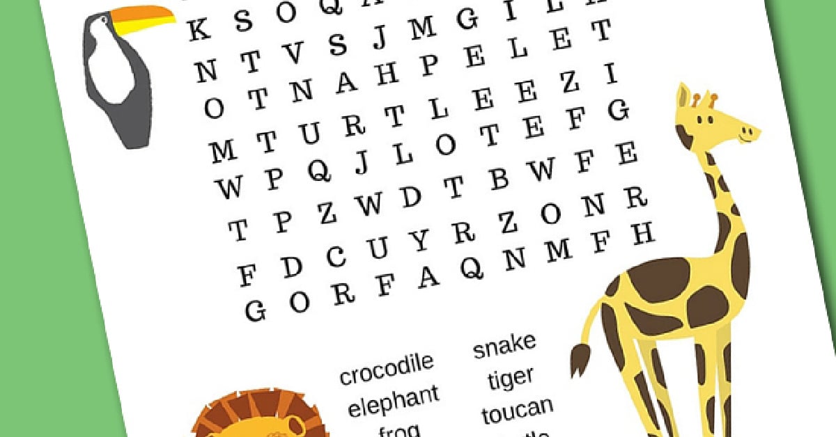 A word search puzzle with a list of animal names including crocodile, elephant, frog, giraffe, lion, snake, tiger, and toucan. Illustrated animals, such as a giraffe and toucan, are depicted on the page.