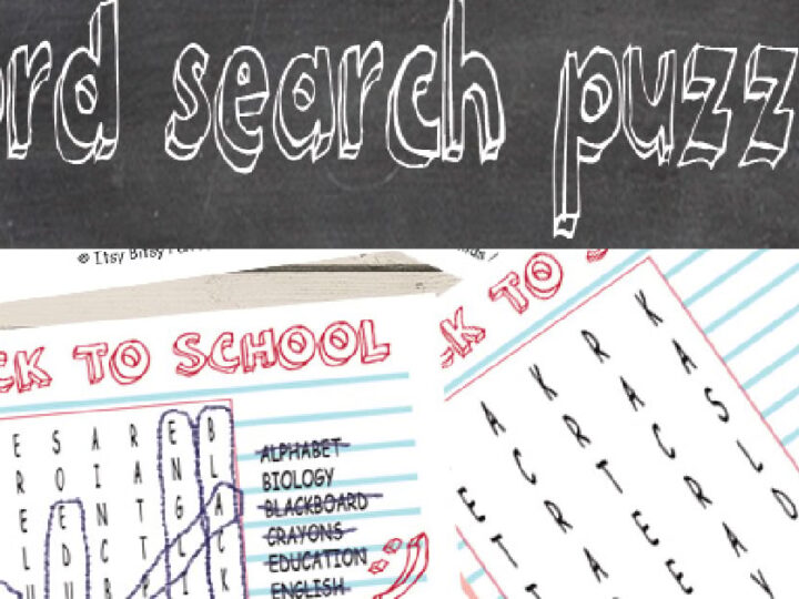 A chalkboard-style banner reads word search puzzles above two word search sheets labeled Back to School. The puzzles include words like ART, CRAYON, and SCHOOL, with some words circled.