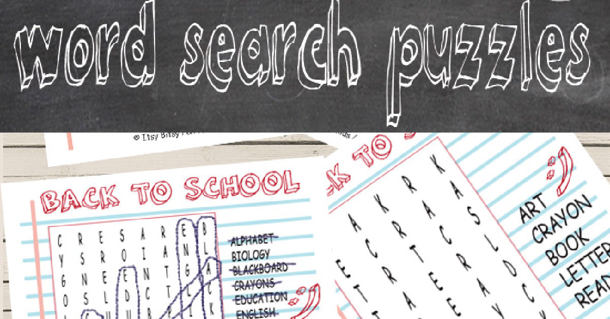 A chalkboard-style banner reads word search puzzles above two word search sheets labeled Back to School. The puzzles include words like ART, CRAYON, and SCHOOL, with some words circled.