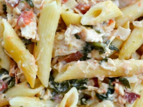 A close-up of a creamy pasta dish featuring penne with pieces of chicken, diced tomatoes, spinach, and a rich cheese sauce. The ingredients are mixed together, creating a colorful and appetizing presentation.