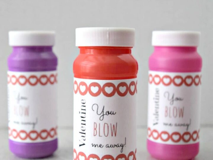 Three bottles of bubble solution are placed on a surface. Each has a label with heart patterns and the text Valentine You BLOW me away! The bottles are purple, red, and pink from left to right.