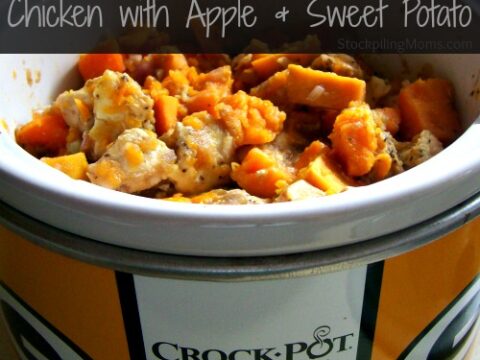 A Crock-Pot filled with a cooked dish of chicken, apple, and sweet potato chunks. The light orange, white, and tan ingredients are mixed together, and the Crock-Pot is branded with The Original Slow Cooker.
