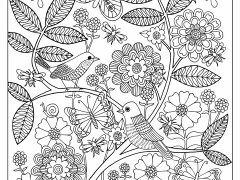 Illustrated coloring page featuring a garden scene with flowers, butterflies, birds, and bees. The intricate designs include various leaves and blossoms interwoven throughout the composition.