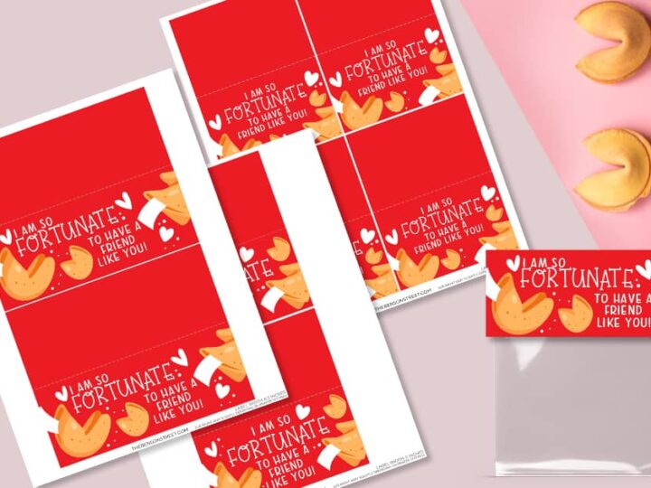 Red cards with fortune cookies and the text I am so fortunate to have a friend like you! are arranged next to a clear plastic bag and three real fortune cookies on a pink and white background.