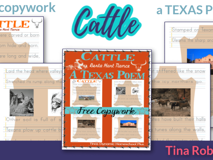 A collage of educational worksheets titled Cattle and A Texas Poem by Tina Robertson. The worksheets feature Texas-themed graphics, text about cattle and poems, and are labeled as free copywork.