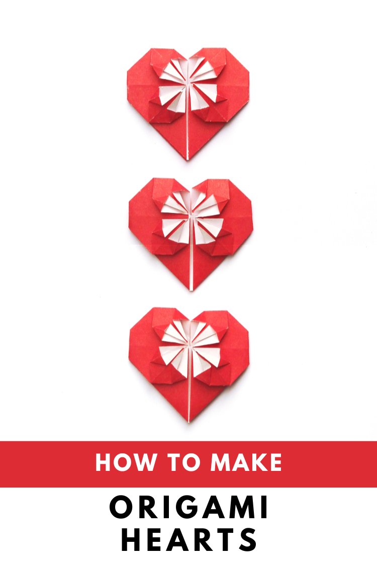 Three red origami hearts are vertically aligned against a white background. Each heart features a white and red decorative pattern. Below them, the text reads, How to Make Origami Hearts.
