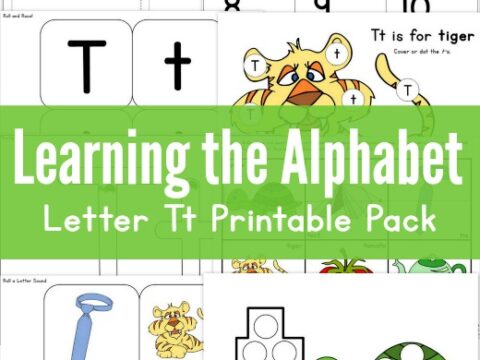 Alphabet learning materials featuring the letter T. Includes images of turtles, a tiger, a top, and a tomato. Activities involve matching, coloring, and letter recognition. Text reads Learning the Alphabet Letter Tt Printable Pack.