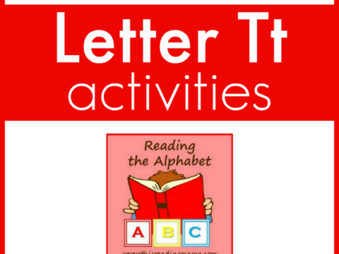 Red and white graphic with Lesson 1 at the top, Letter Tt activities in large text, and Reading the Alphabet with an image of a book labeled ABC below. Website link www.thisreadingmama.com at the bottom.