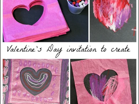 A collage of Valentines Day paper crafts features heart shapes cut from pink paper, a drawing of a red and purple heart, and a decorated sheet with heart outlines. A container brims with small craft supplies. Text reads Valentines Day invitation to create.