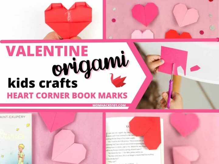 A collage showcasing Valentine-themed origami crafts for kids, including heart shapes and corner bookmarks. One image shows a child cutting pink paper, and another shows pink heart bookmarks placed on open books. Text: Valentine Origami Kids Crafts.