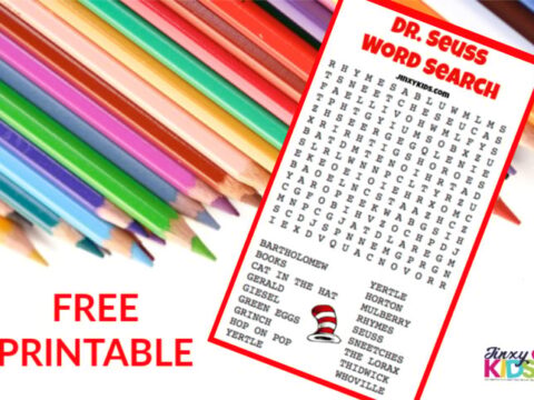 A colorful assortment of pencils is spread out at the top left. To the right, theres a Dr. Seuss-themed word search featuring words like BARTHOLOMEW, GEISEL, and HOP ON POP. At the bottom left, text reads FREE PRINTABLE.
