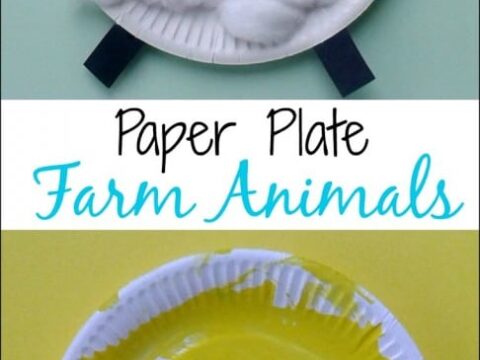 Two paper plate crafts depicting farm animals: The top plate is a sheep with a black face, cotton ball wool, and googly eyes. The bottom plate is a yellow chick with a painted body, googly eyes, and a triangle beak.