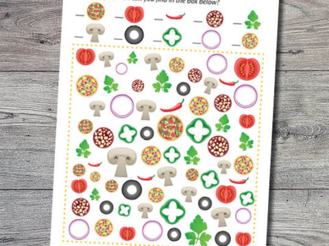 Illustration of a puzzle sheet featuring various pizza toppings, including mushroom slices, tomato slices, olives, pepperonis, chili peppers, onion rings, and basil leaves, scattered across the page. A line of toppings to count is displayed above.